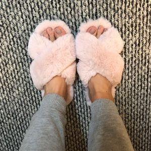 Jcrew pink furry slippers. Size 7
